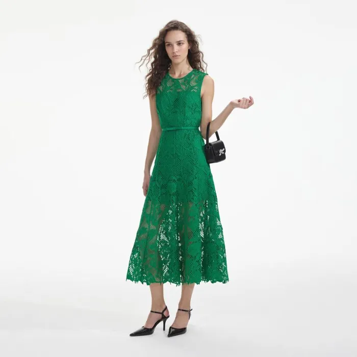 Green Lace Sleeveless Midi Dress Women Self Portrait Dresses Green Lace Sleeveless Midi Dress Women Self Portrait Dresses
