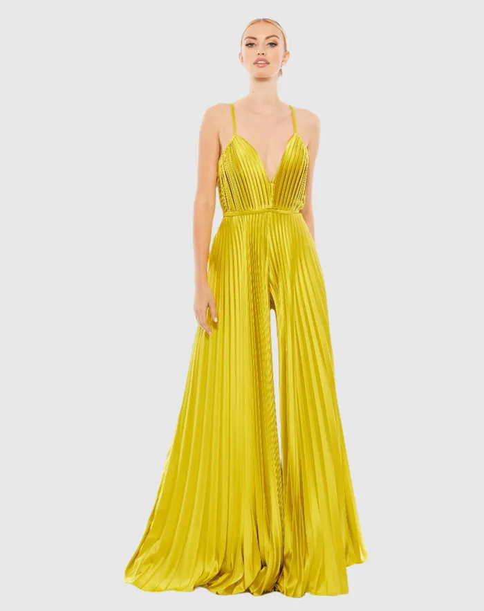 Green Pleated Plunge Neck Wide Leg Jumpsuit Chartreuse Women Jumpsuits and Rompers Mac Duggal Green Pleated Plunge Neck Wide Leg Jumpsuit Chartreuse Women Jumpsuits and Rompers Mac Duggal