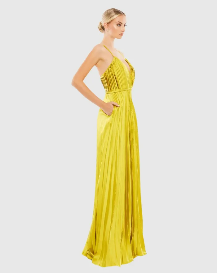 Green Pleated Plunge Neck Wide Leg Jumpsuit Chartreuse Women Jumpsuits and Rompers Mac Duggal