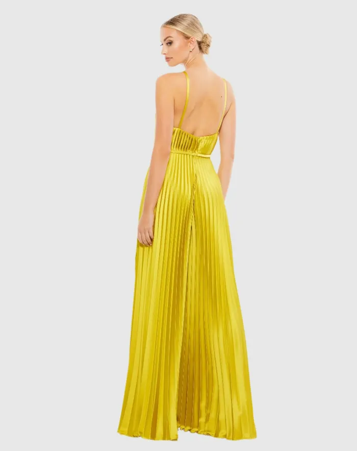 Green Pleated Plunge Neck Wide Leg Jumpsuit Chartreuse Women Jumpsuits and Rompers Mac Duggal