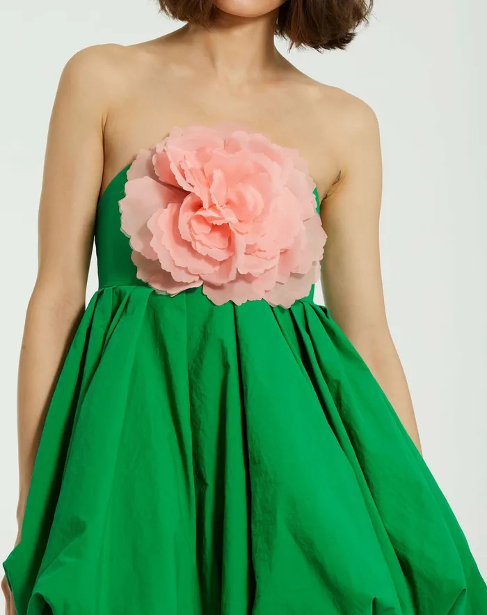 Green Strapless Faille Mini Dress With 3D Flower Spring Green Women Every Day Dresses Mac Duggal