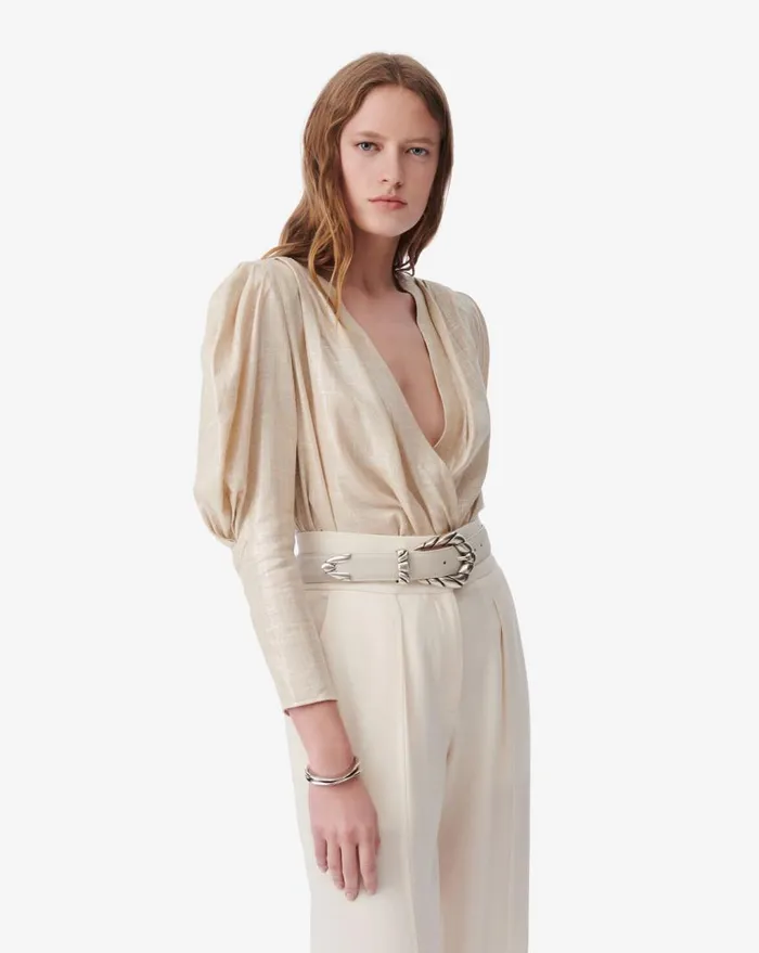 IRO CLARONE CRISSCROSS VNECK TOP IN LUREX LINEN Ecrugold Women Tops and Shirts