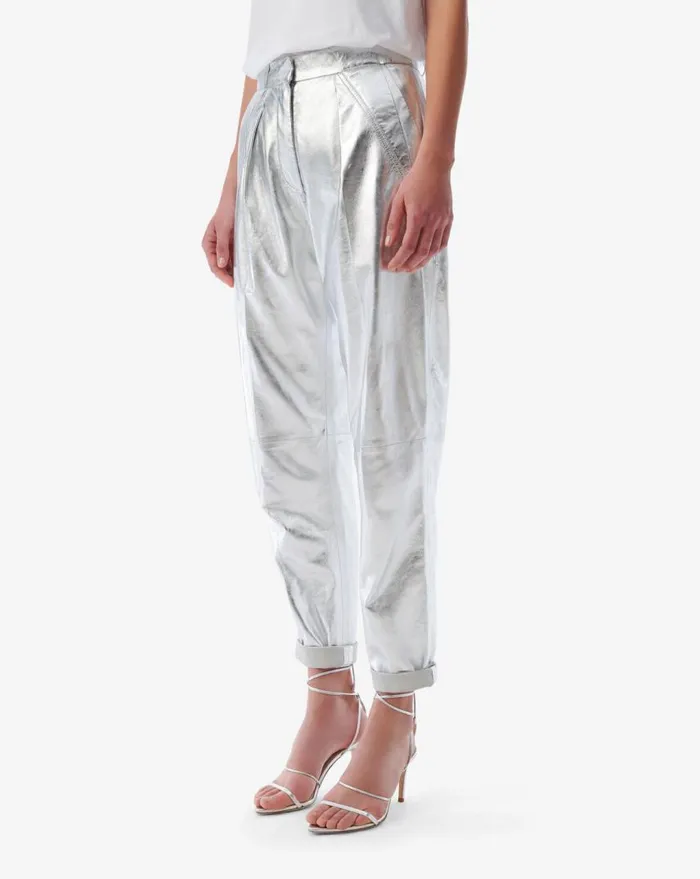 IRO NIL SILVER LEATHER CARROT PANTS Silver Women Trousers