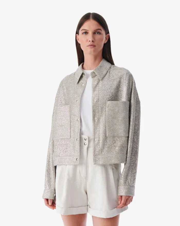 IRO SUZEL CROPPED LUREX JERSEY JACKET Taupe Silver Women Jackets and Coats