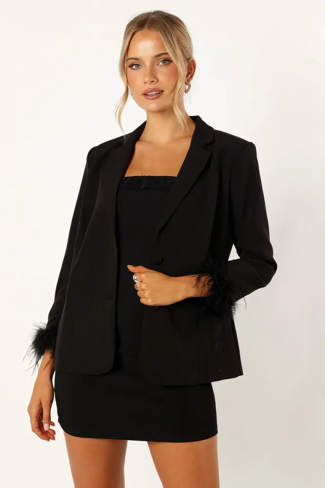 Jackets and Coats Rosemary Faux Feather Sleeve Blazer Black 8211 Petal and Pup Women