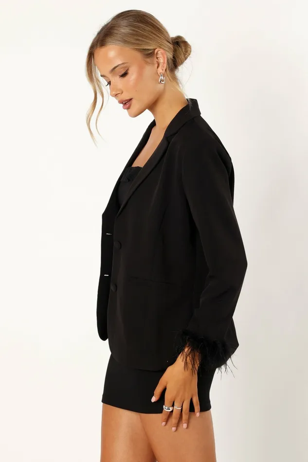 Jackets and Coats Rosemary Faux Feather Sleeve Blazer Black 8211 Petal and Pup Women