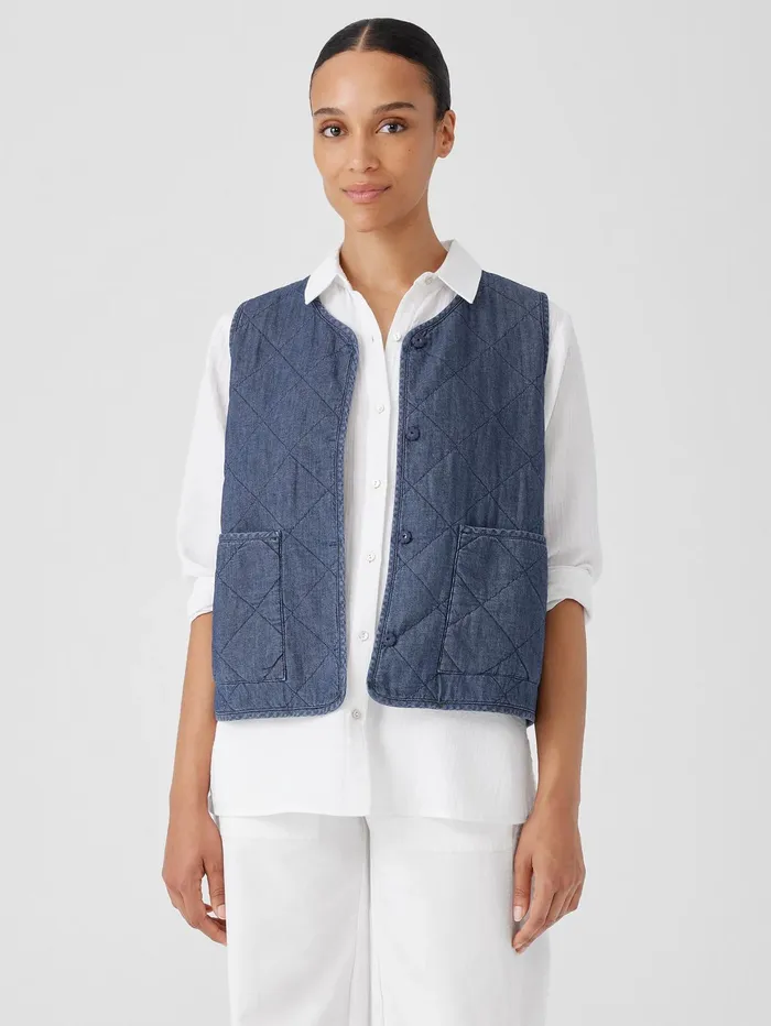 Jackets Coats and Vests Women Eileen Fisher Airy Organic Cotton Twill Quilted Vest Denim Jackets Coats and Vests Women Eileen Fisher Airy Organic Cotton Twill Quilted Vest Denim