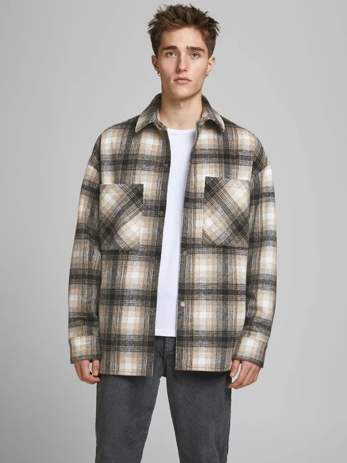 Jackets JACK and JONES Mens CHECKED SHIRT JACKET Beige Chinchilla