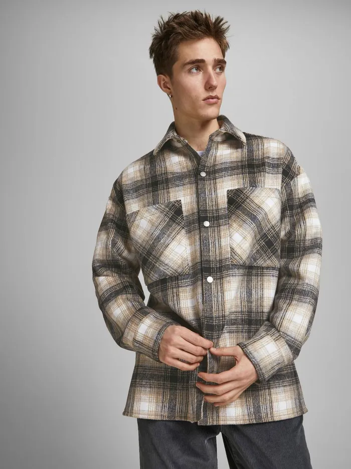 Jackets JACK and JONES Mens CHECKED SHIRT JACKET Beige Chinchilla
