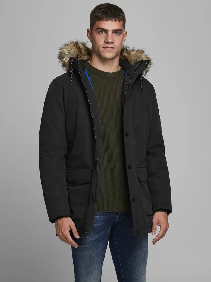 Jackets JACK and JONES Mens FAUX FURLINED HOOD PARKA Black Black