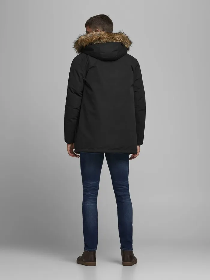 Jackets JACK and JONES Mens FAUX FURLINED HOOD PARKA Black Black
