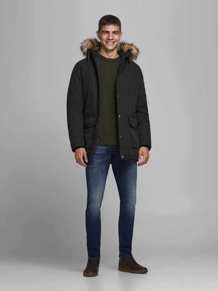 Jackets JACK and JONES Mens FAUX FURLINED HOOD PARKA Black Black