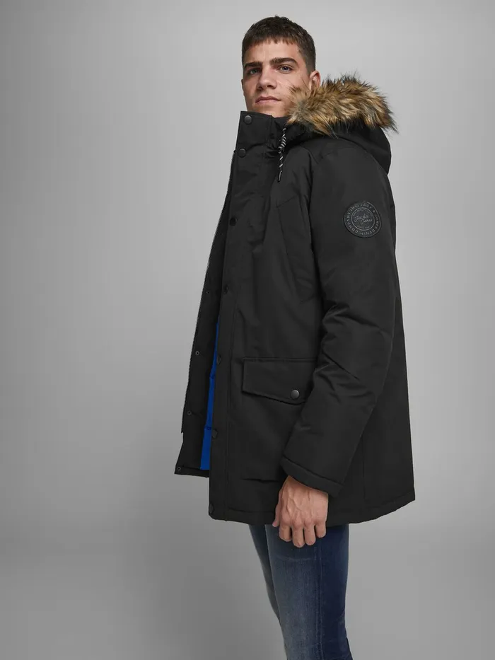 Jackets JACK and JONES Mens FAUX FURLINED HOOD PARKA Black Black