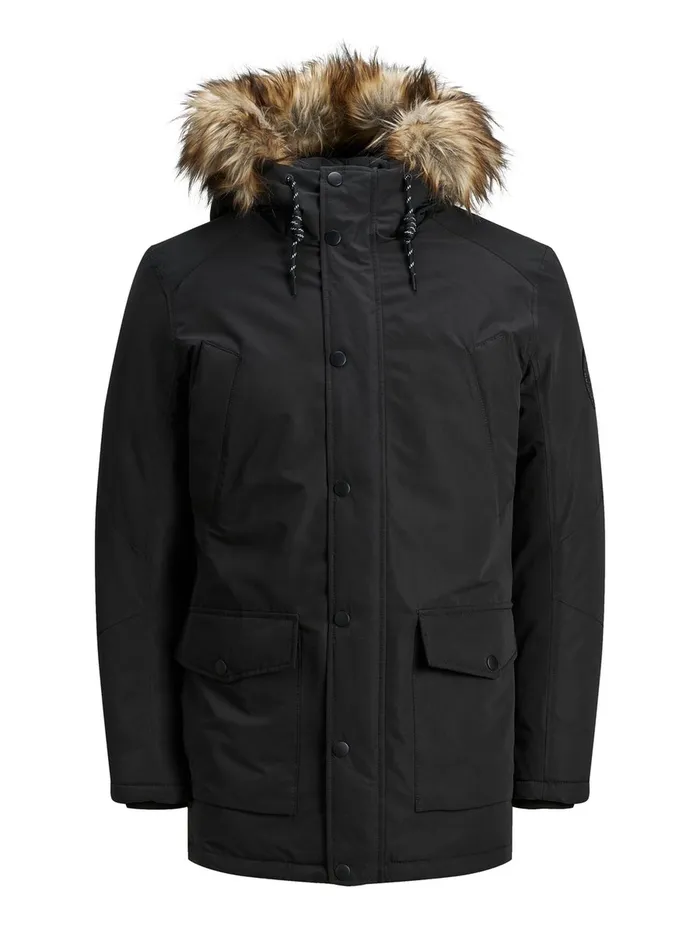 Jackets JACK and JONES Mens FAUX FURLINED HOOD PARKA Black Black