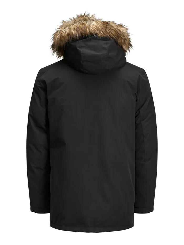Jackets JACK and JONES Mens FAUX FURLINED HOOD PARKA Black Black