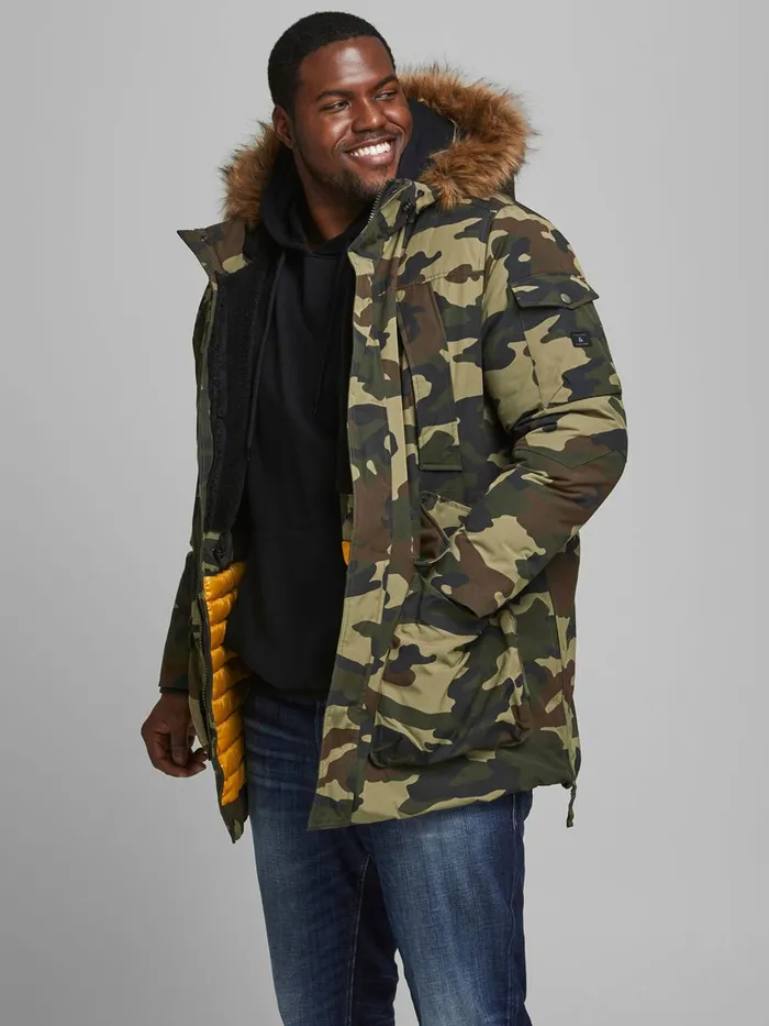 Jackets JACK and JONES Mens FAUX FURLINED HOOD PLUS SIZE PARKA Green Olive Night Jackets JACK and JONES Mens FAUX FURLINED HOOD PLUS SIZE PARKA Green Olive Night