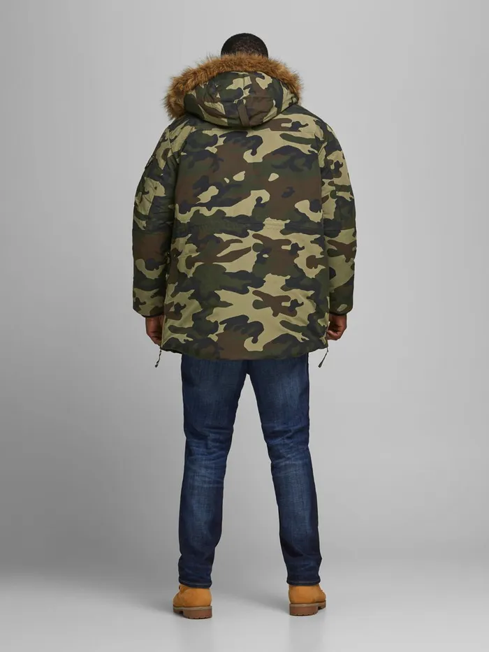 Jackets JACK and JONES Mens FAUX FURLINED HOOD PLUS SIZE PARKA Green Olive Night