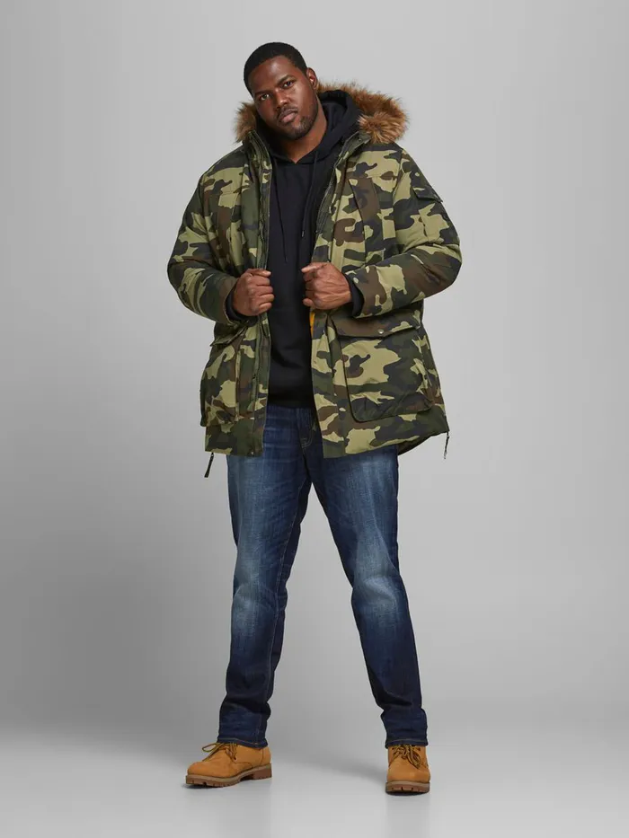 Jackets JACK and JONES Mens FAUX FURLINED HOOD PLUS SIZE PARKA Green Olive Night