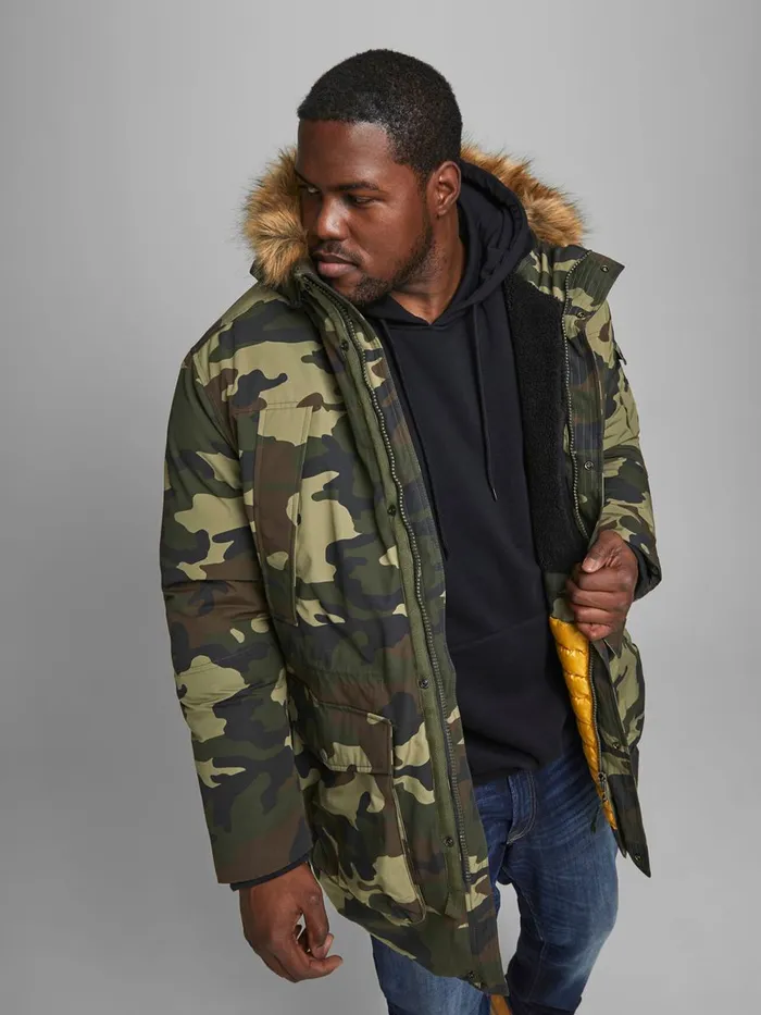 Jackets JACK and JONES Mens FAUX FURLINED HOOD PLUS SIZE PARKA Green Olive Night