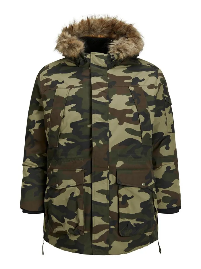 Jackets JACK and JONES Mens FAUX FURLINED HOOD PLUS SIZE PARKA Green Olive Night