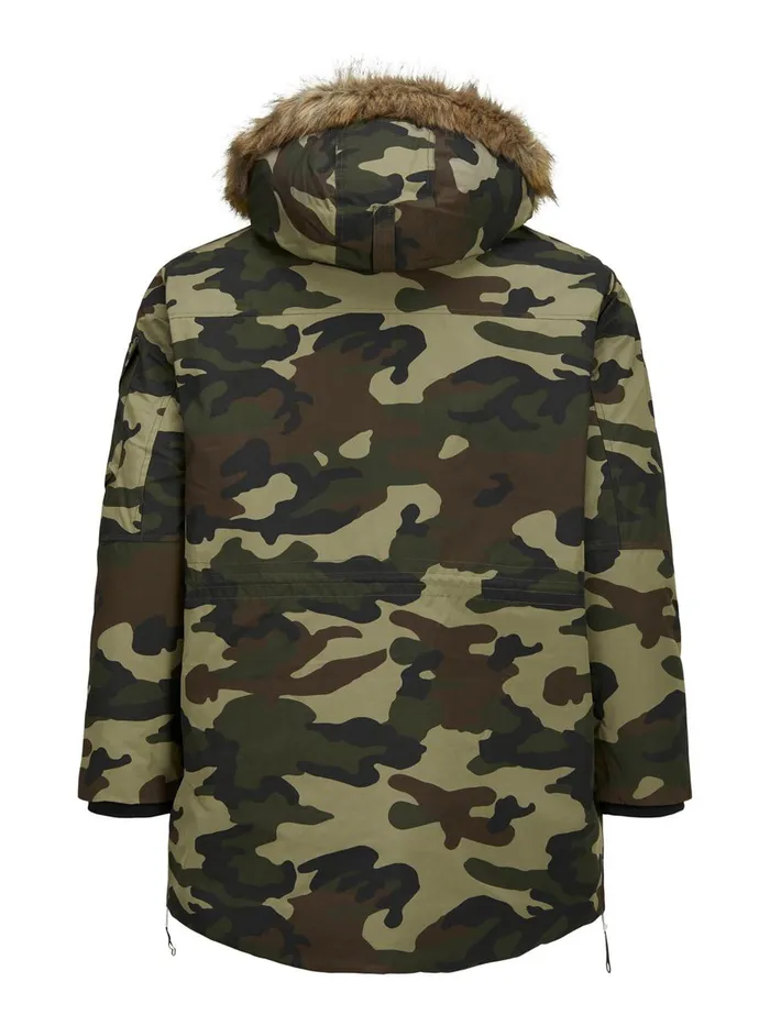 Jackets JACK and JONES Mens FAUX FURLINED HOOD PLUS SIZE PARKA Green Olive Night