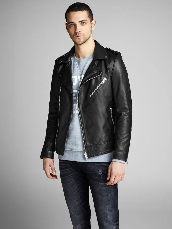 Jackets JACK and JONES Mens RDD BIKER LEATHER JACKET Black Black
