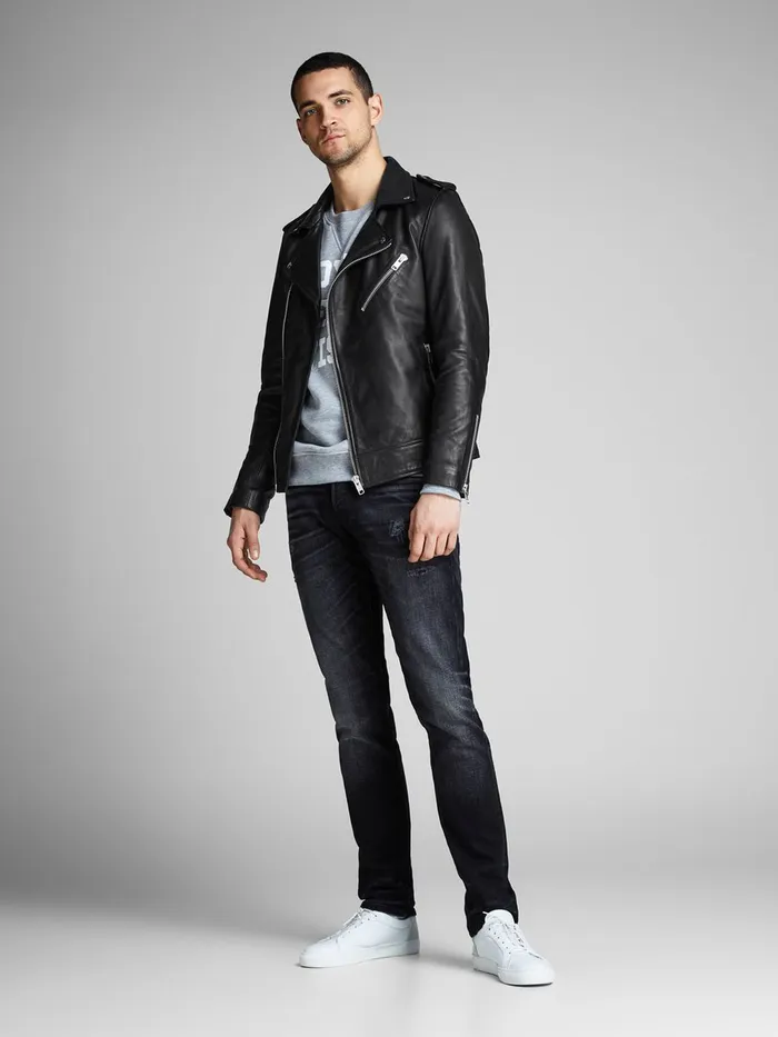 Jackets JACK and JONES Mens RDD BIKER LEATHER JACKET Black Black