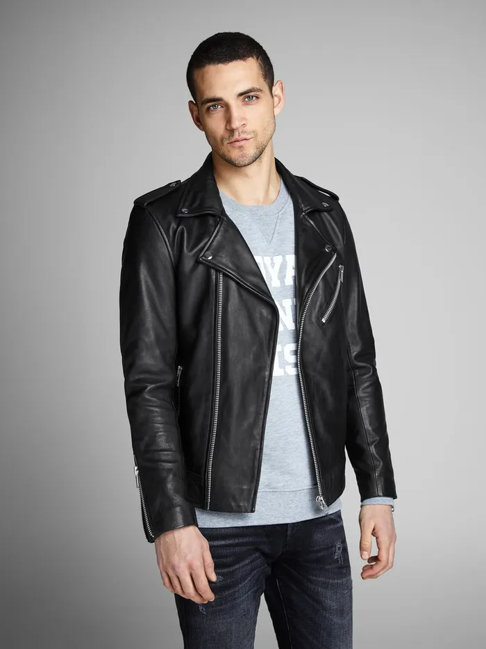 Jackets JACK and JONES Mens RDD BIKER LEATHER JACKET Black Black