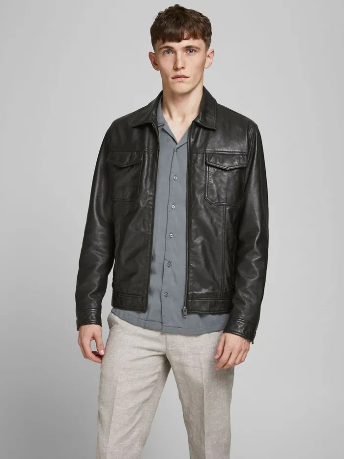 Jackets JACK and JONES Mens WING COLLAR LEATHER JACKET Black Black