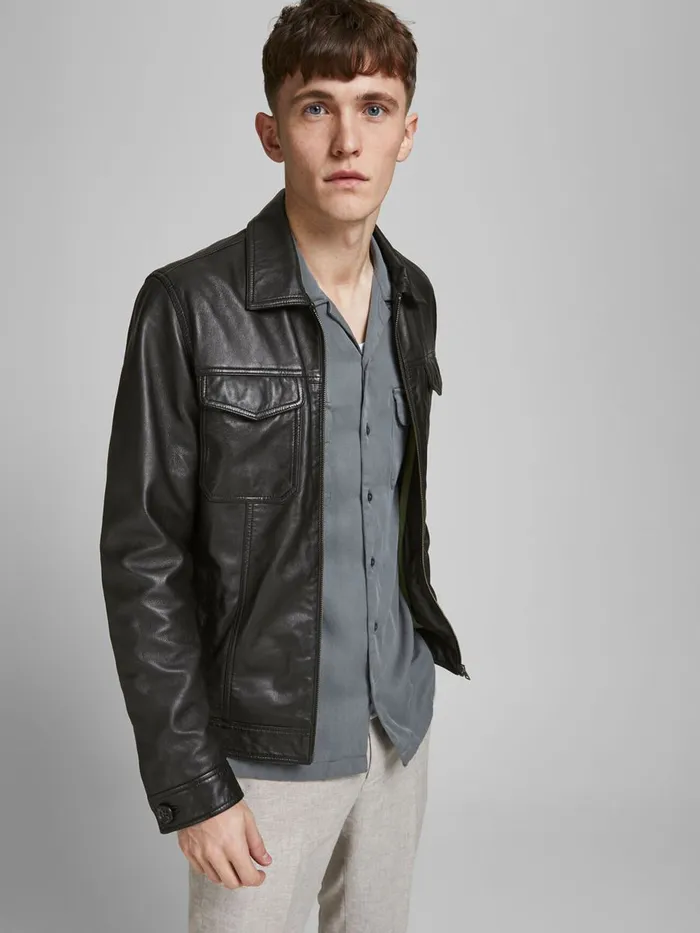 Jackets JACK and JONES Mens WING COLLAR LEATHER JACKET Black Black