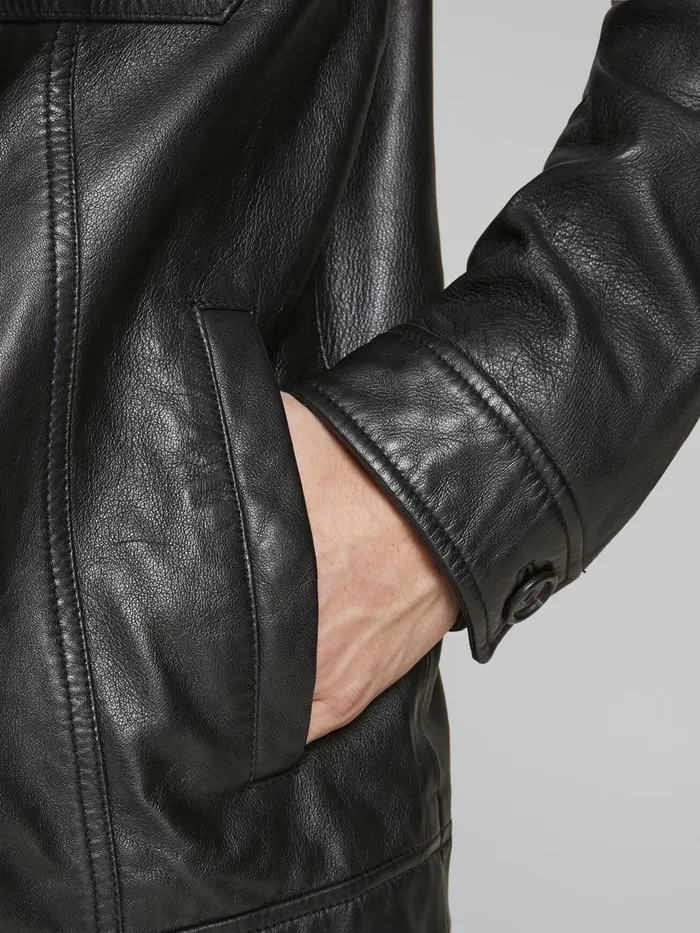 Jackets JACK and JONES Mens WING COLLAR LEATHER JACKET Black Black