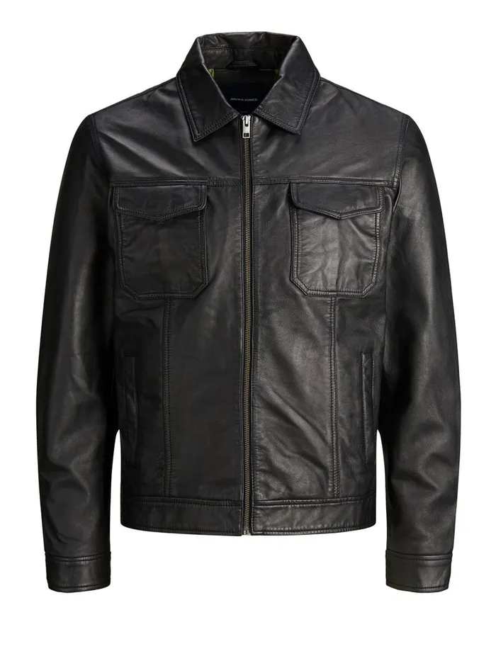 Jackets JACK and JONES Mens WING COLLAR LEATHER JACKET Black Black
