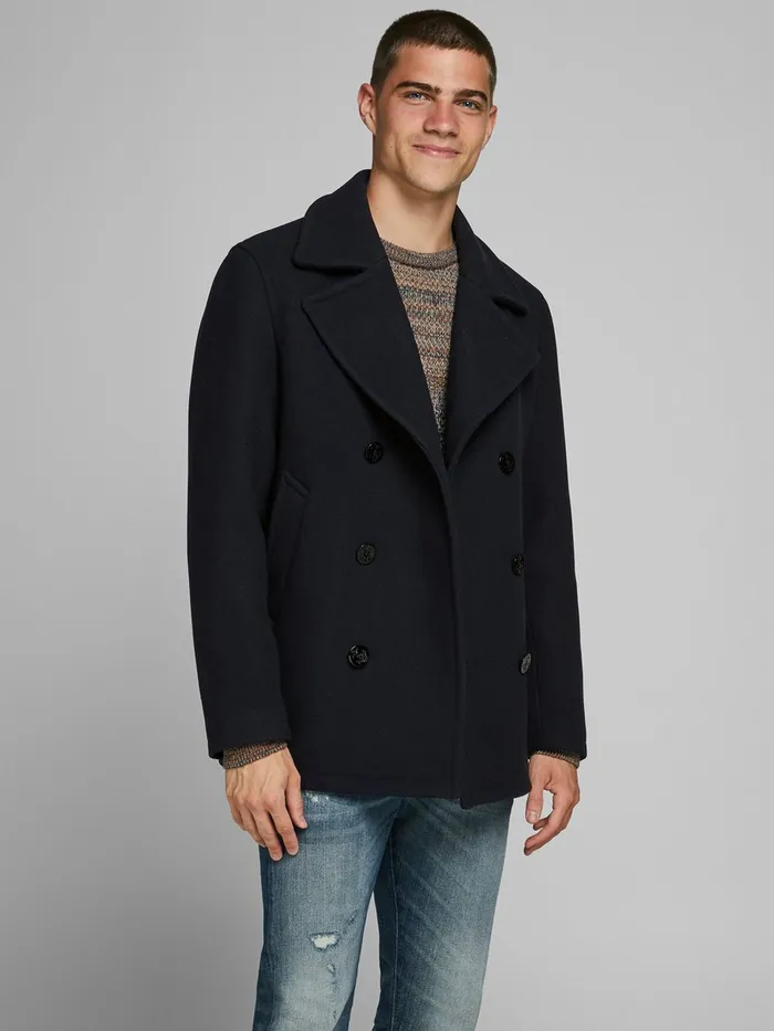 Jackets JACK and JONES Mens WOOL BLEND PEA COAT Blue Dark Navy