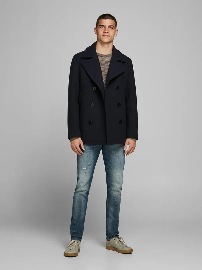 Jackets JACK and JONES Mens WOOL BLEND PEA COAT Blue Dark Navy