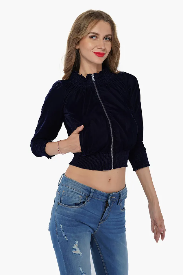 Jackets Women Twilight Blue Velvetine Embroidered Bomber Jacket America and Beyond