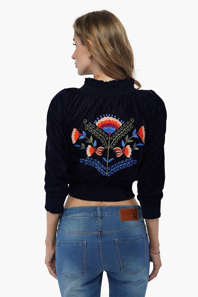 Jackets Women Twilight Blue Velvetine Embroidered Bomber Jacket America and Beyond