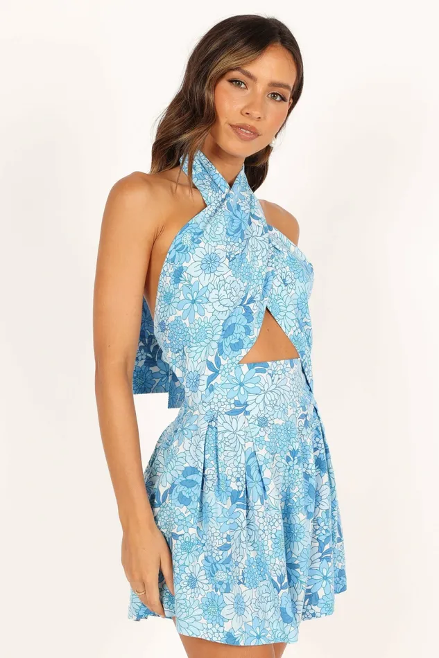Jumpsuits and Rompers LeLe Halter Romper Blue Floral Petal and Pup Women