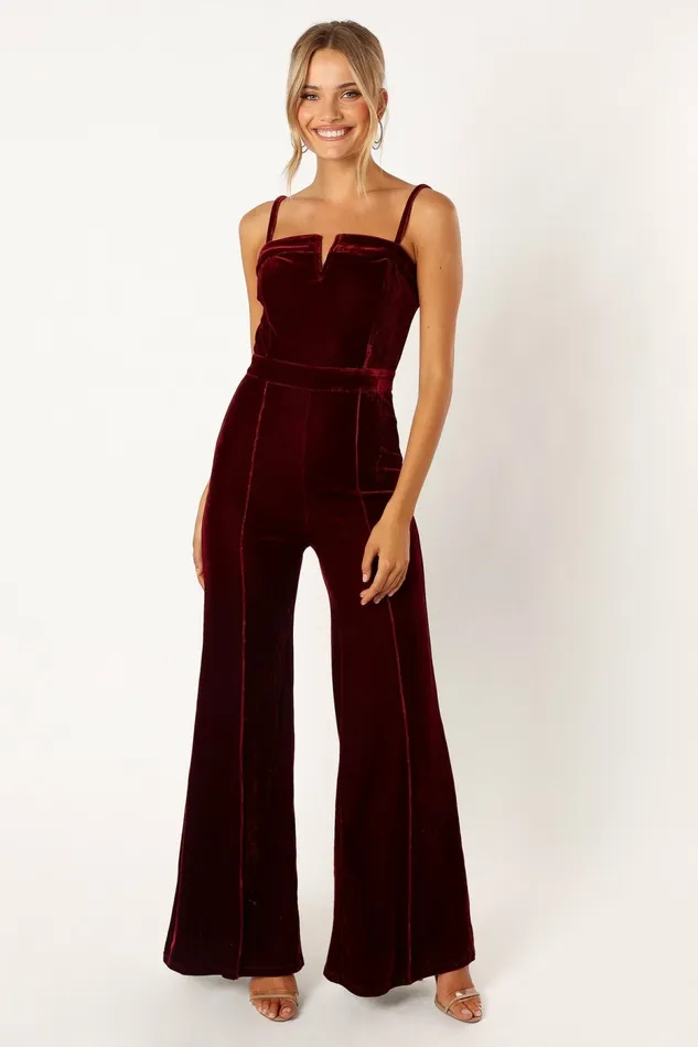 Jumpsuits and Rompers Lexie Velvet Jumpsuit Burgundy Petal and Pup Women