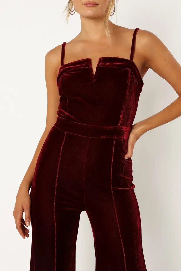 Jumpsuits and Rompers Lexie Velvet Jumpsuit Burgundy Petal and Pup Women
