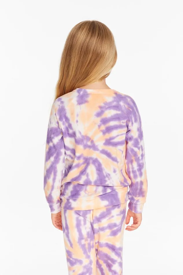 Kids Chaser Brand Girls Reverse Peach Lavender Tie Dye Cozy Knit Pullover
