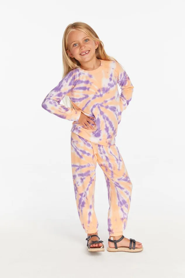 Kids Chaser Brand Girls Reverse Peach Lavender Tie Dye Cozy Knit Pullover