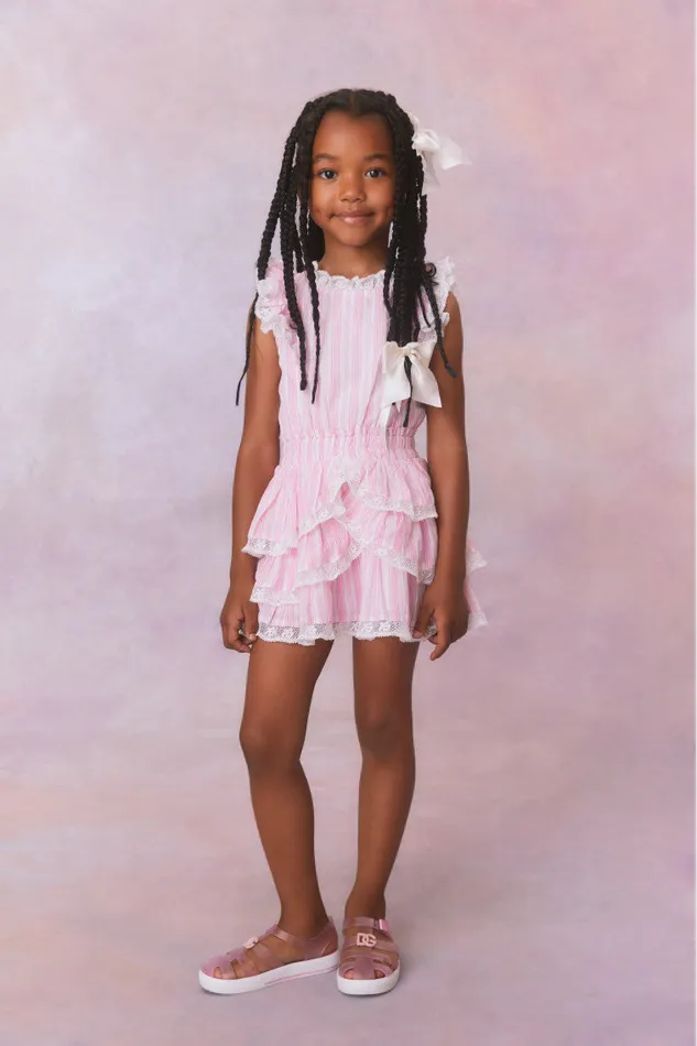 Kids LoveShackFancy Girls Girls Janelly Cotton Stripe Dress Captiva Pink
