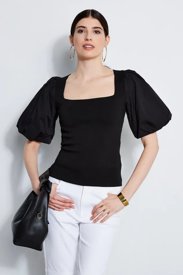 Knits and Sweaters Women Elie Tahari Cotton Puff Sleeve Knit NOIR