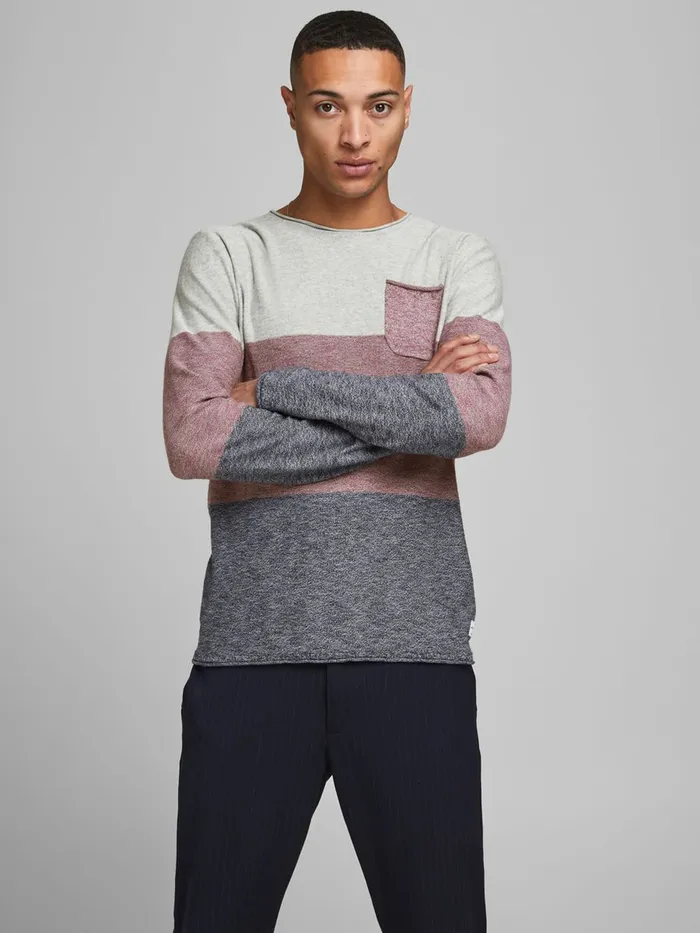 Knitwear JACK and JONES Mens BLOCK STRIPE KNITTED JUMPER Grey Hawthorn Rose Gift for Friend Knitwear JACK and JONES Mens BLOCK STRIPE KNITTED JUMPER Grey Hawthorn Rose Gift for Friend