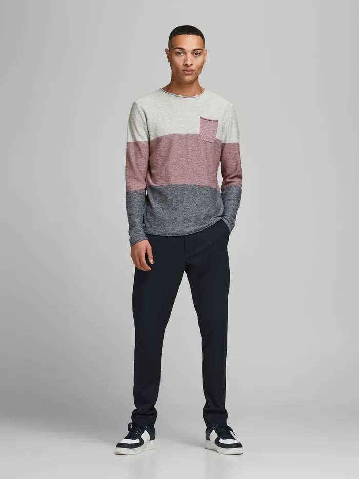 Knitwear JACK and JONES Mens BLOCK STRIPE KNITTED JUMPER Grey Hawthorn Rose Gift for Friend