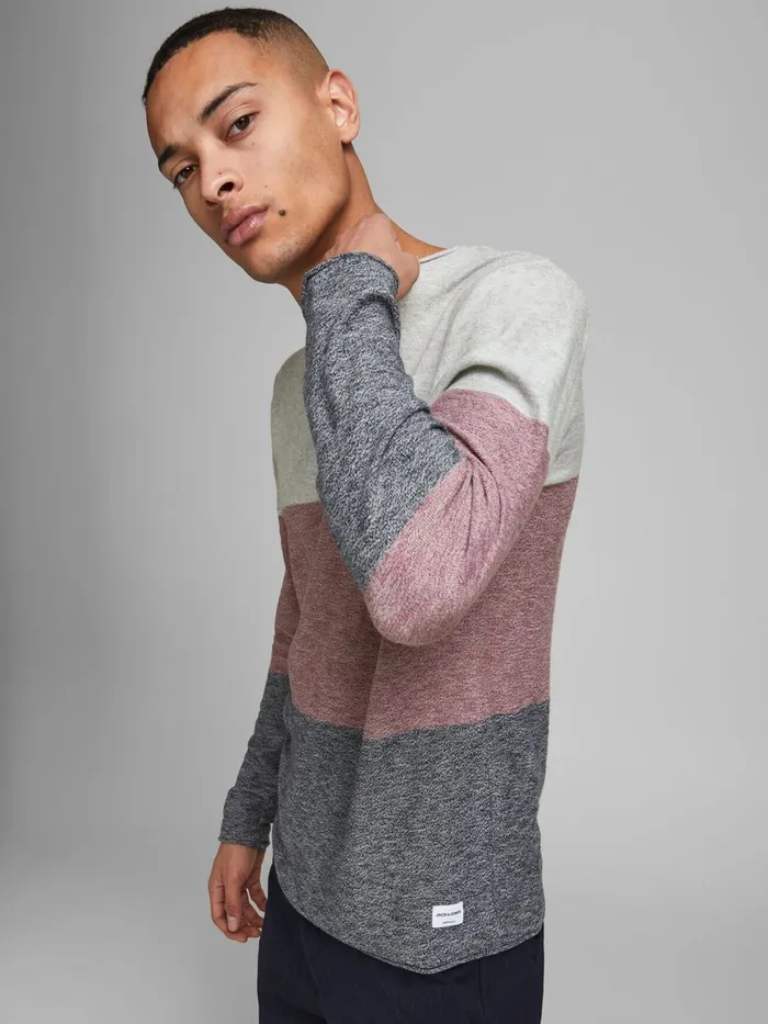 Knitwear JACK and JONES Mens BLOCK STRIPE KNITTED JUMPER Grey Hawthorn Rose Gift for Friend
