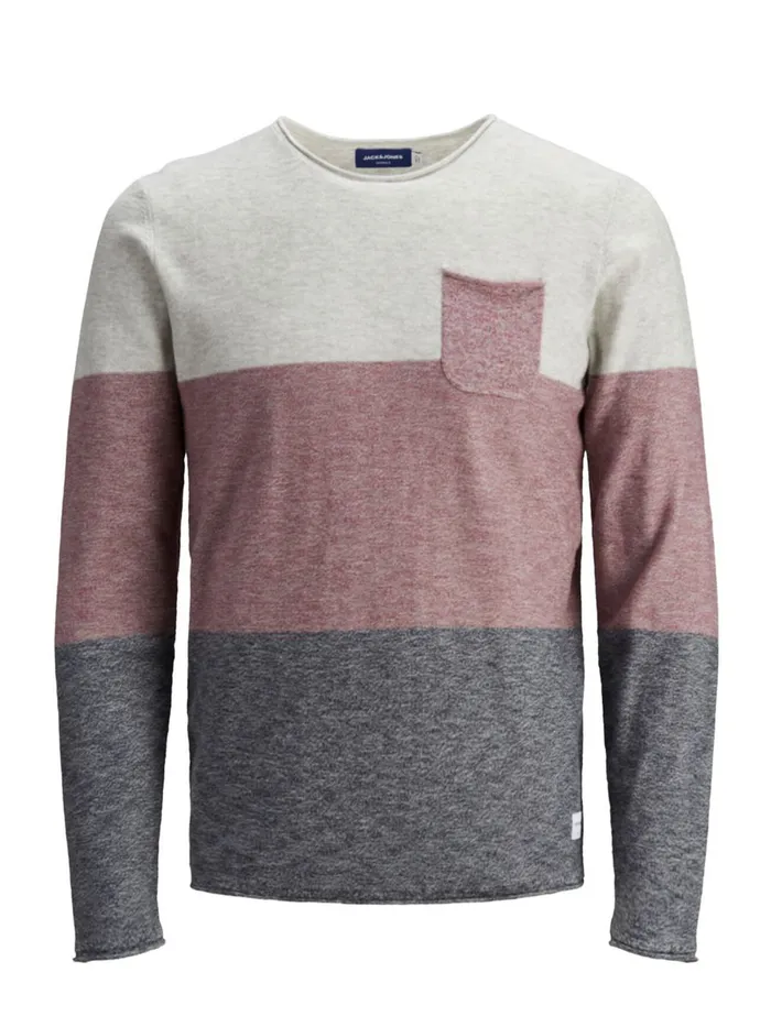 Knitwear JACK and JONES Mens BLOCK STRIPE KNITTED JUMPER Grey Hawthorn Rose Gift for Friend