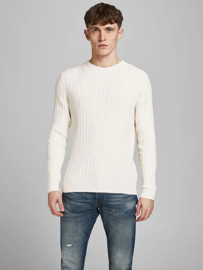 Knitwear JACK and JONES Mens CABLE KNITTED JUMPER White Jet Stream Cheap On Sale Knitwear JACK and JONES Mens CABLE KNITTED JUMPER White Jet Stream Cheap On Sale