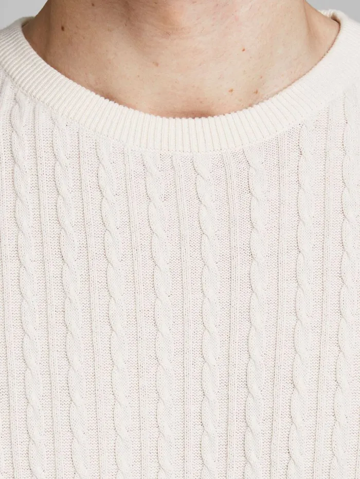 Knitwear JACK and JONES Mens CABLE KNITTED JUMPER White Jet Stream Cheap On Sale
