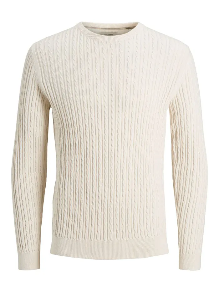 Knitwear JACK and JONES Mens CABLE KNITTED JUMPER White Jet Stream Cheap On Sale